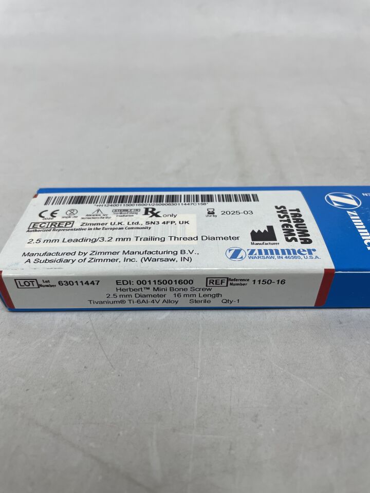 1150-16 - ZIMMER - Herbert Mini Bone Screw, 2.5mm diameter, 16mm length, 3.2mm trailing thread diameter, (BX/1) - ( Expiry Date: 2025-03-01 )