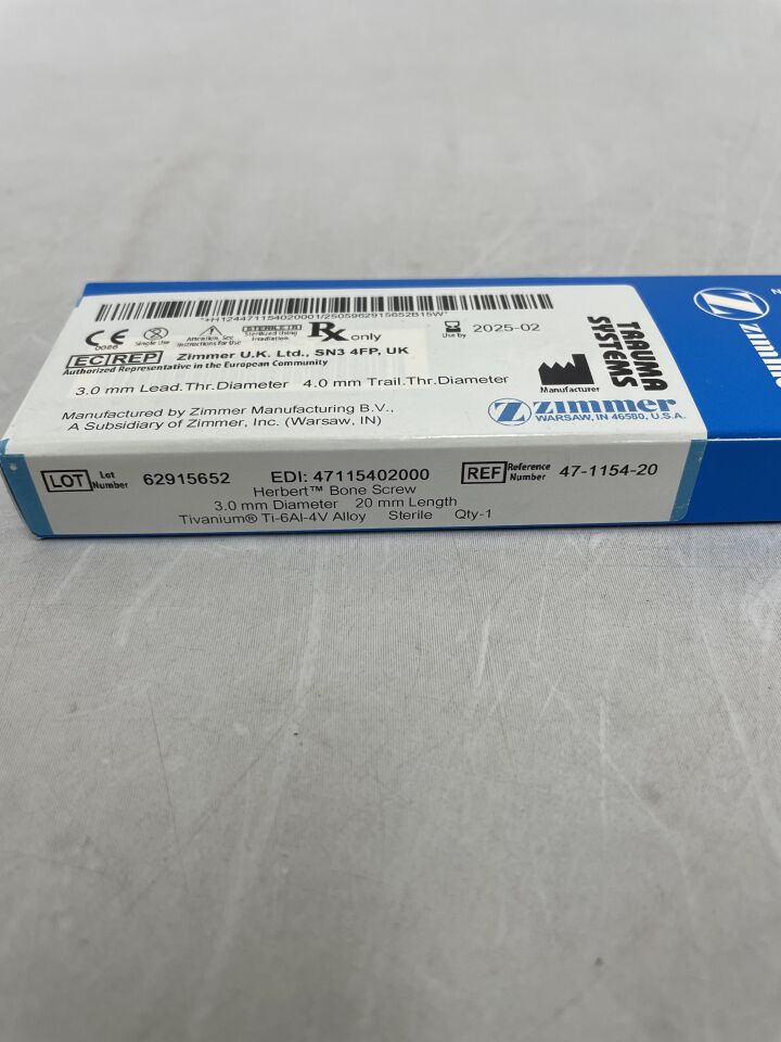47-1154-20 - ZIMMER - Herbert Bone Screw, 3.0mm diameter, 20mm length, 4.0mm trail thread diameter, (BX/1) - ( Expiry Date: 2025-02-01 )
