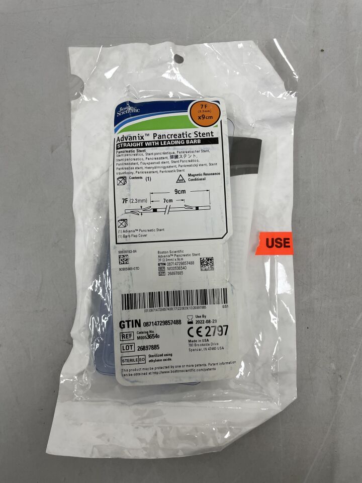 3654 - BOSTON SCIENTIFIC - Advanix Pancreatic Stent - Straight with Leading Barb - 7Fr x 9cm, (EA) - ( Expiry Date: 2022-08-29 )