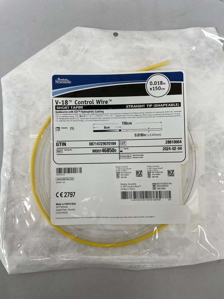 46850 - BOSTON SCIENTIFIC - V-18 Control Wire with ICE Hydrophilic Coating - Short Taper, Straight Tip (Shapeable) Guidewire - .018" x 150cm, (EA) - ( Expiry Date: 2024-02-04 )