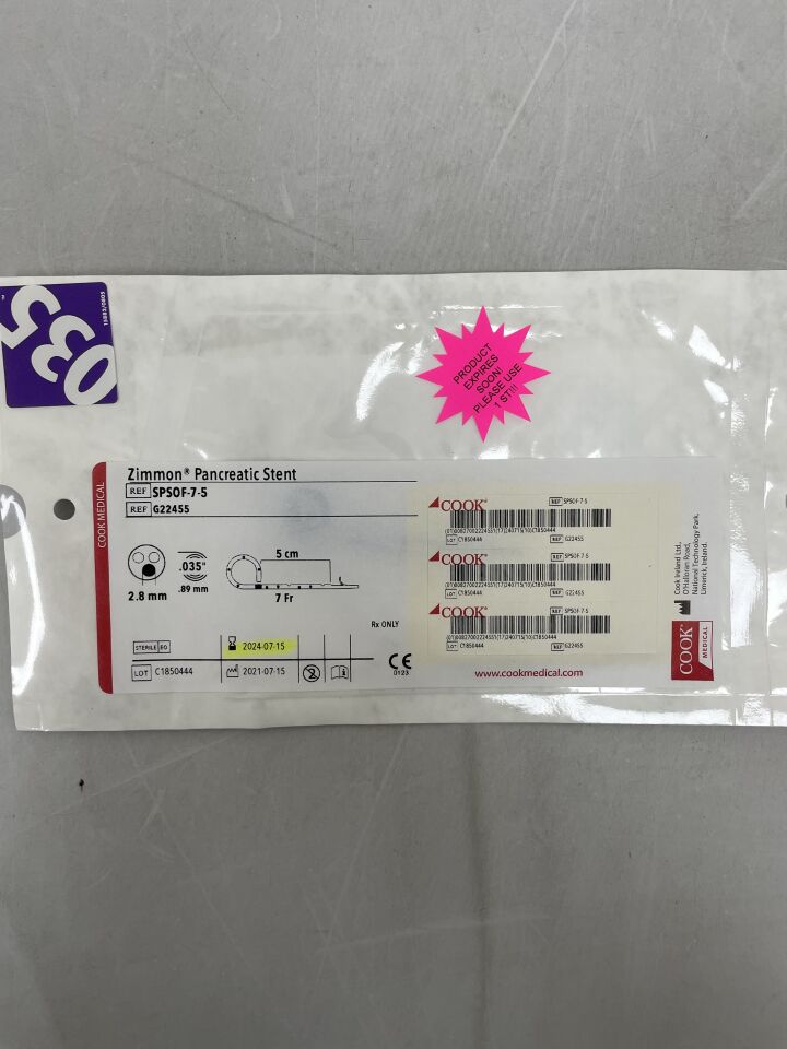 G22455 - COOK - Zimmon Pancreatic Stent, 7Fr x 5cm, (EA) - ( Expiry Date: 2024-07-15 )