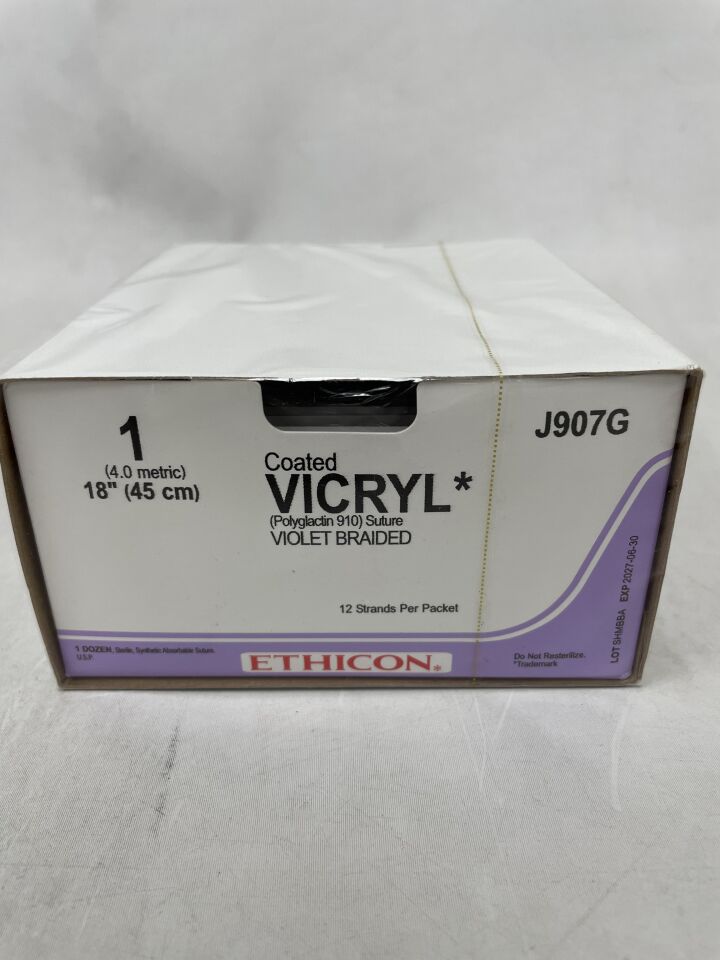 J907G - ETHICON - COATED VICRYL (polyglactin 910) Suture, SUTUPAK Pre-Cut Sutures, Absorbable, Violet Braided 12-18" = 45cm, Size: 1 , ( BX/12 ) - ( Expiry Date : 2027-06-30 )