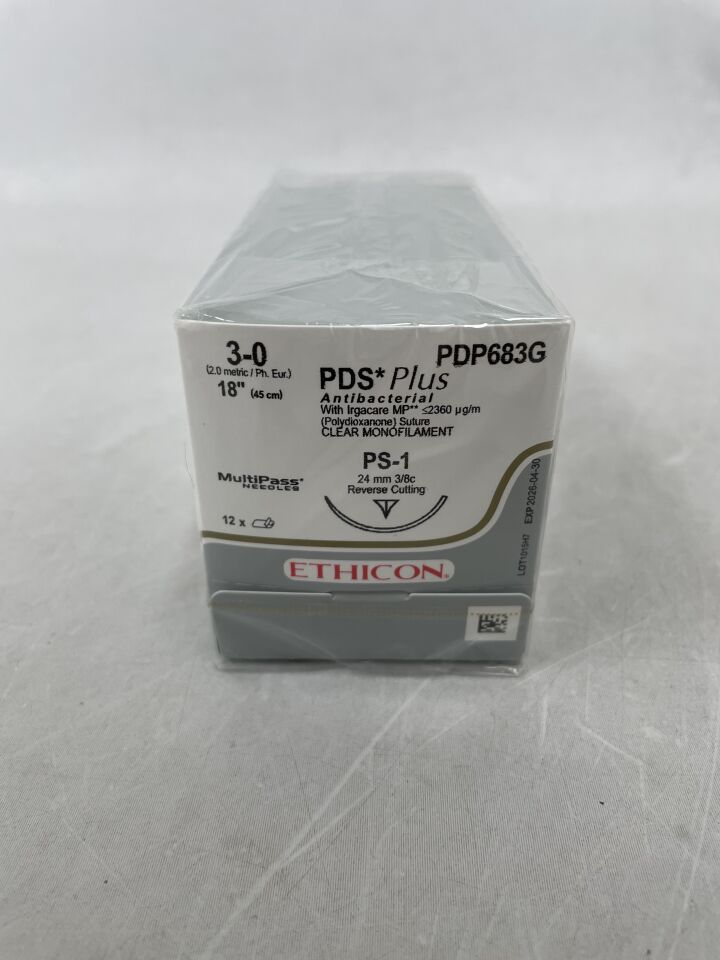 PDP683G - ETHICON - PDS Plus Antibacterial (polydioxanone) Suture, Precision Point - Reverse Cutting, Absorbable, PS-1 24mm 3/8 Circle, Undyed Monofilament 18" = 45cm, Size: 3-0 , ( BX/12 ) - ( Expiry Date : 2026-04-30 )