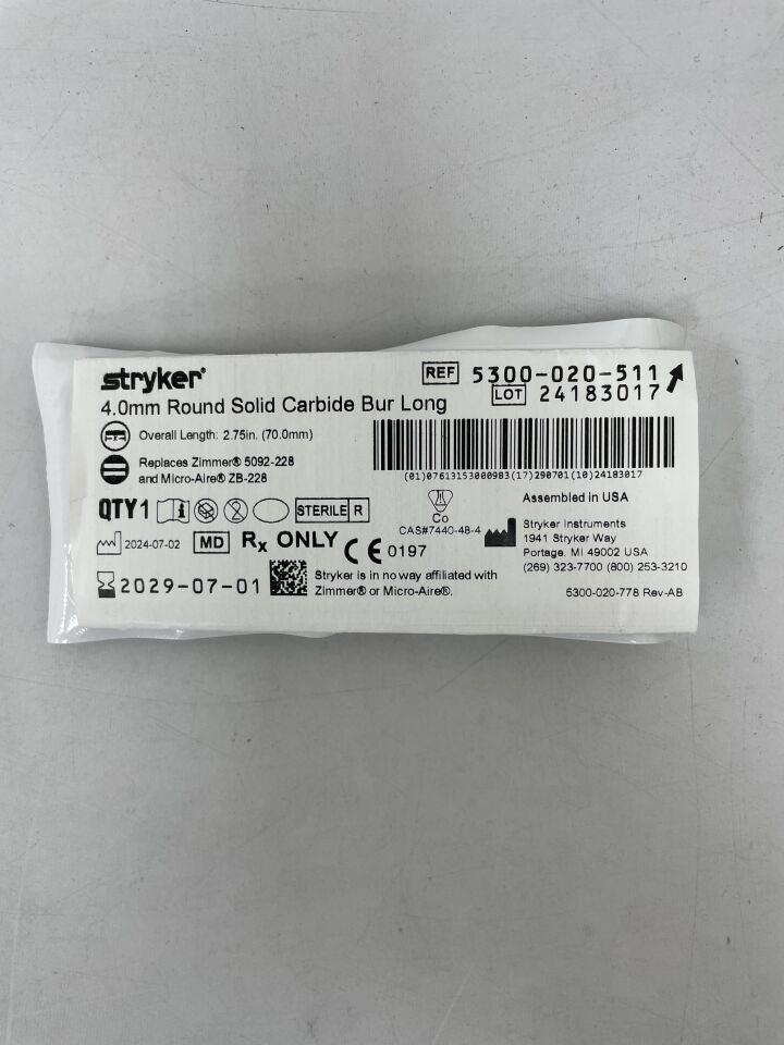 5300-020-511 - STRYKER - 4.0mm Round Solid Carbide Bur, Long , ( EA ) - ( Expiry Date : 2029-07-01 )