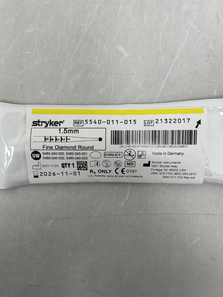 5540-011-015 - STRYKER - S2 Fine Diamond Round Bur 1.5mm , ( EA ) - ( Expiry Date : 2026-11-01 )