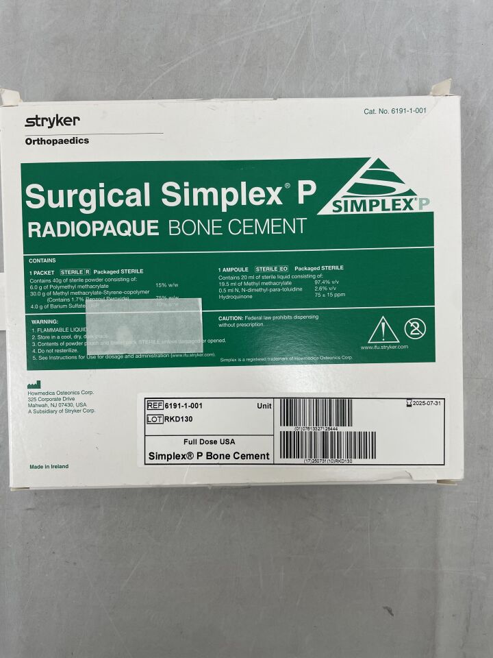 6191-1-001 - STRYKER - Surgical Simplex P Radiopaque Bone Cement, Full-Dose , ( BX/1 ) - ( Expiry Date : 2025-07-31 )