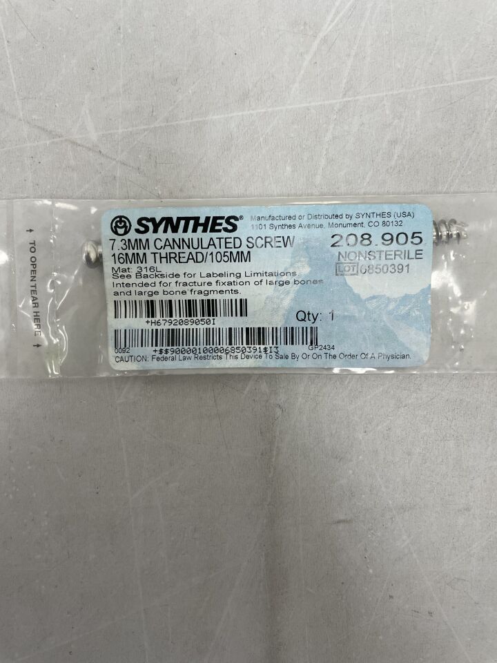 208.905 - SYNTHES - Stainless Steel Self-Tapping Cannulated Screw, 7.3 x 105 mm, (EA) - ( Expiry Date: 2099-12-31 )