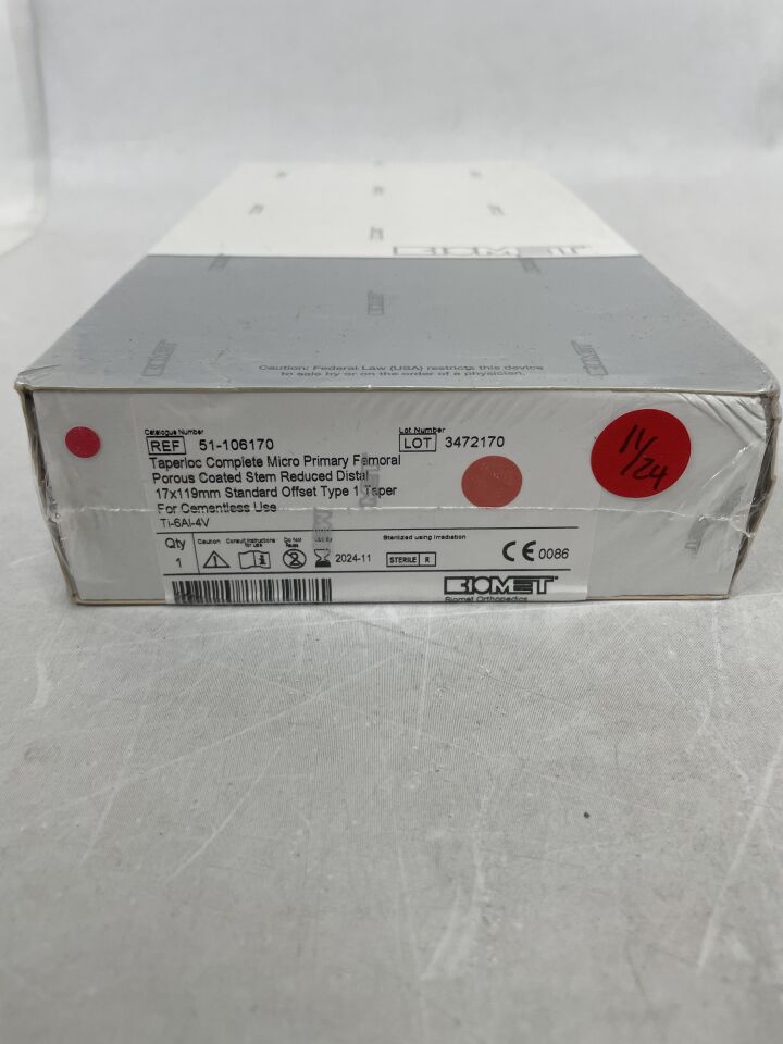 51-106170 - BIOMET - Taperloc Compiete Micro Primary Femoral Porous Coated Stem Reduced Distal 17x119mm Standard Offset Type 1 Taper, (BX/1) - ( Expiry Date: 2024-11-30 )