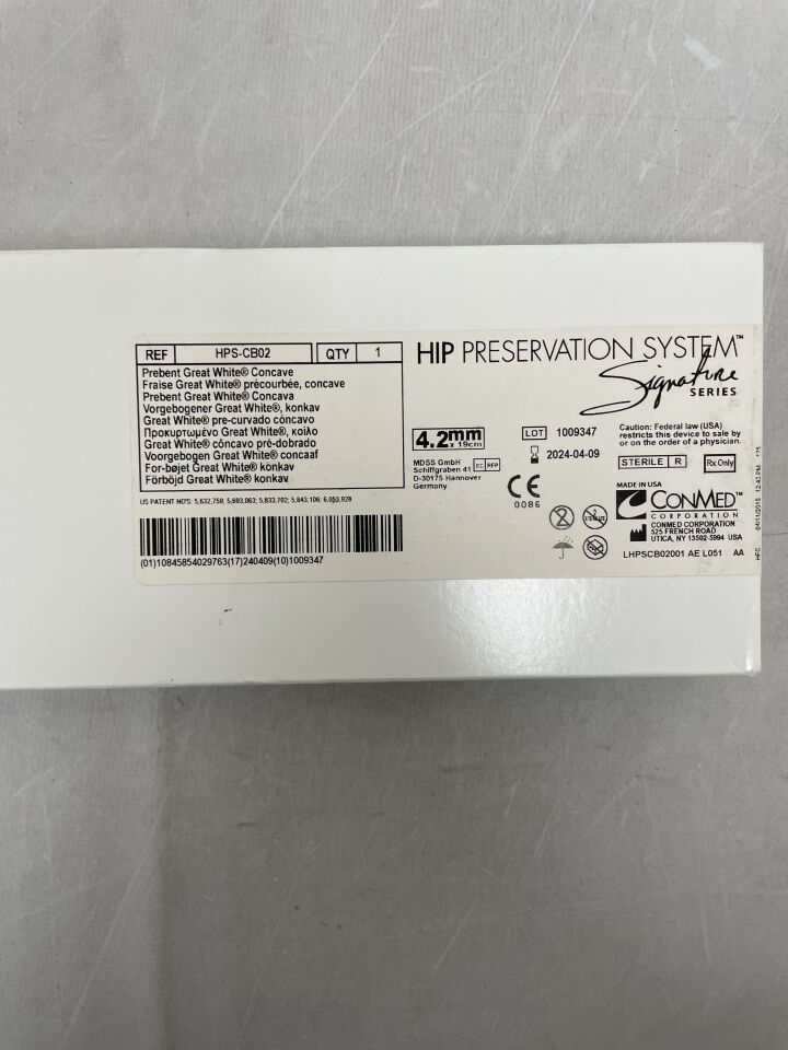 HPS-CB02 - CONMED - Signature Series HPS Great White Prebent Concave Burr, 4.2mm x 19cm, (BX/1) - ( Expiry Date: 2024-04-09 )