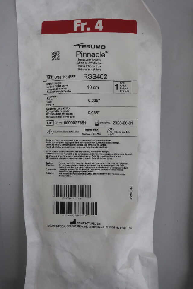 RSS402 - TERUMO - Pinnacle Coronary Introducer Sheath with 0.035" Mini Wire 4F x 10cm, () - ( Expiry Date: 2025-01-01 )
