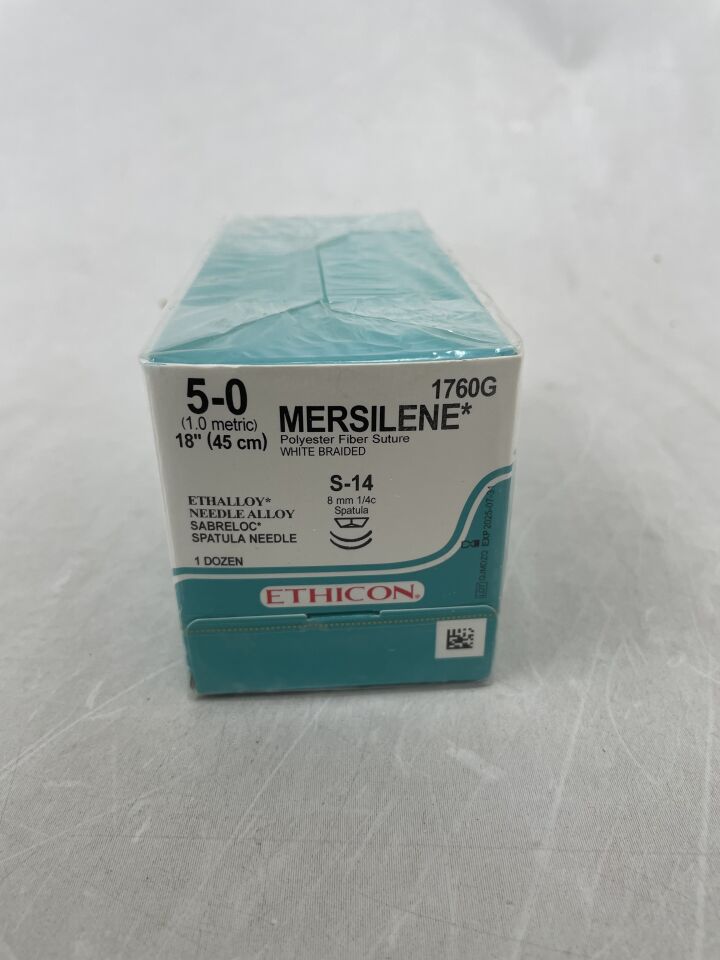 1760G - ETHICON - MERSILENE Suture, SABRELOC - Spatula, Non-Absorbable, S-14 8.0mm / S-14 ¼ Circle, White Braided 18" = 45cm, Size: 5-0 , ( ) - ( Expiry Date : 2025-07-31 )