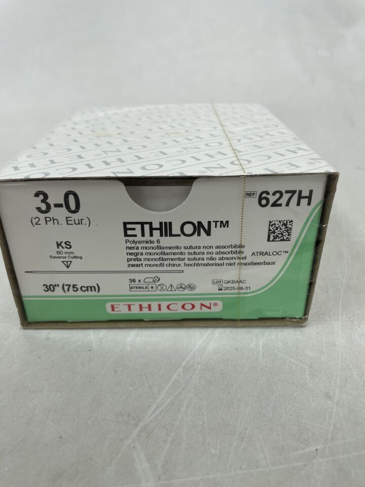 627H - ETHICON - Ethilon 不可吸收單絲尼龍縫合線,3-0 號,30 英吋長,KS 針,(BX/36)-(有效期至:2025-08-31)