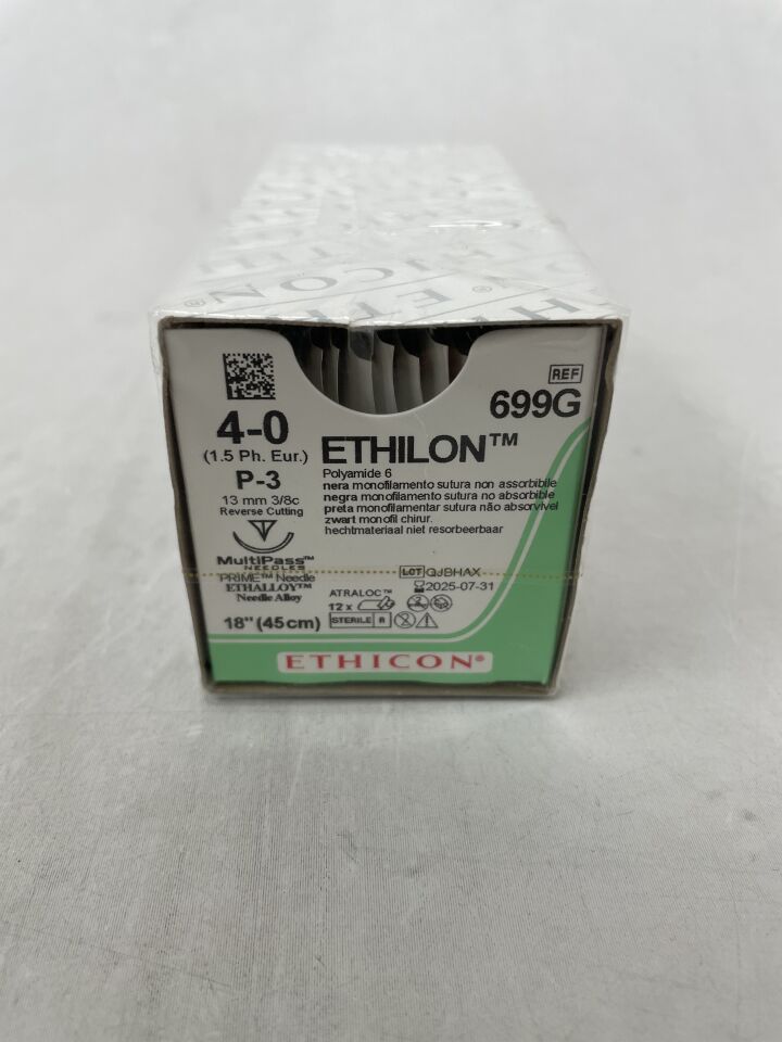 699G - ETHICON - Ethilon 不可吸收單絲尼龍縫合線,4-0 號,18 英吋長,P-3 針,(盒/12)-(有效期至:2025-07-31)