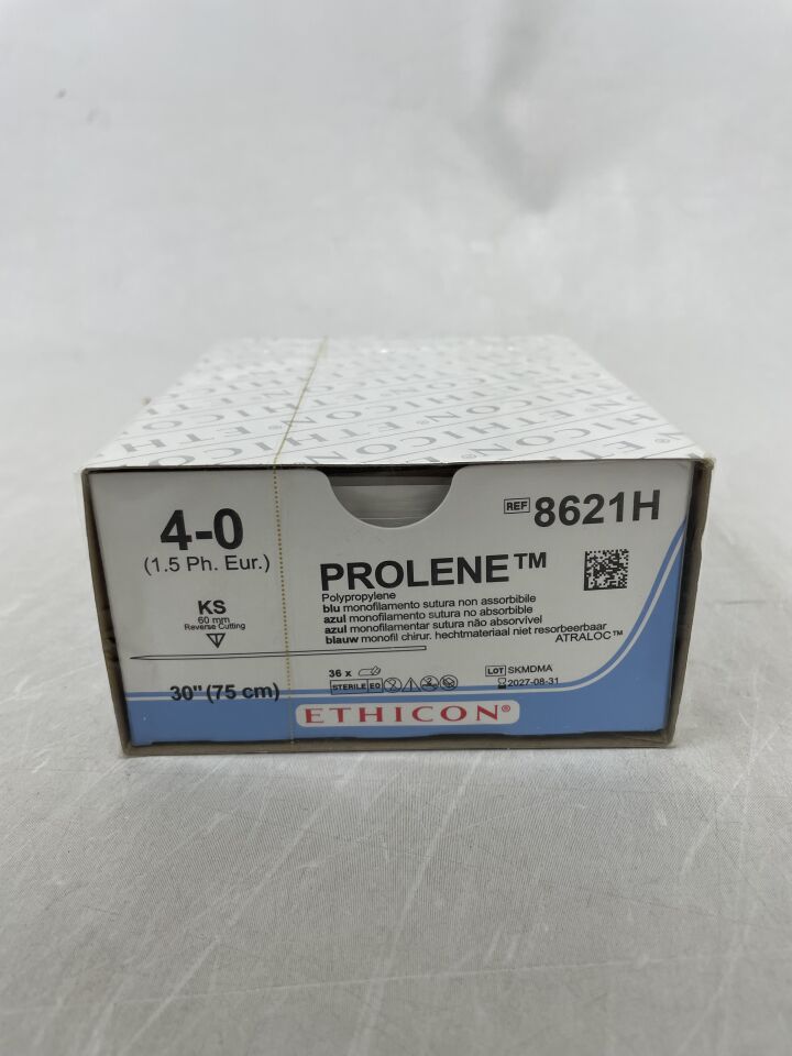8621H - ETHICON - PROLENE Polypropylene Suture, Straight Cutting Needles, Non-Absorbable, KS 60mm Straight, Blue Monofilament 30" = 75cm, Size: 4-0 , ( BX/36 ) - ( Expiry Date : 2027-08-31 )