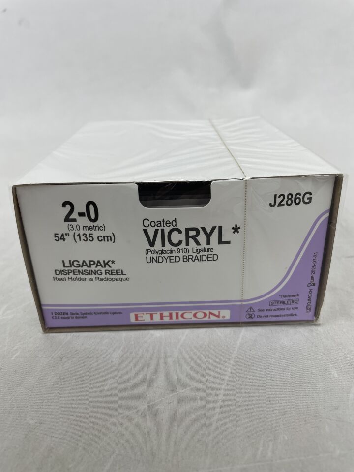 J286G - ETHICON - 塗層薇喬可吸收編織聚乳酸-羥基乙酸共聚物縫合線,2-0號,54英寸長,Ligapak捲軸式縫合針,(盒裝/12)-(有效期至:2025年7月31日)