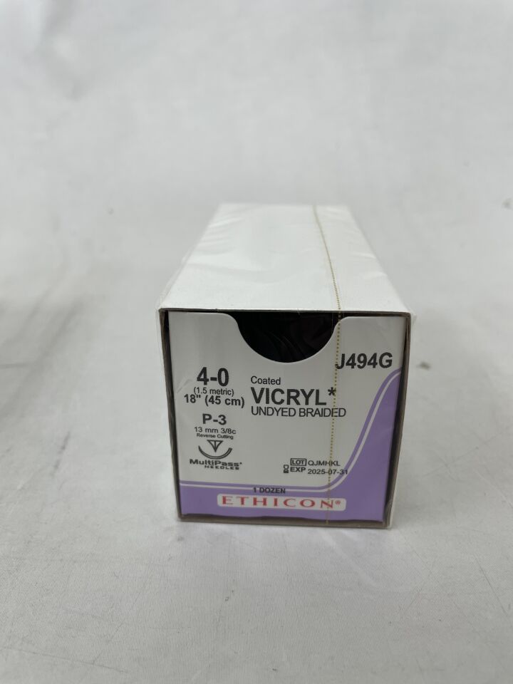 J494G - ETHICON - 塗層薇喬可吸收編織聚乳酸-羥基乙酸共聚物縫合線,4-0號,18英寸長,P-3針,(盒/12)-(有效期至:2025年7月31日)