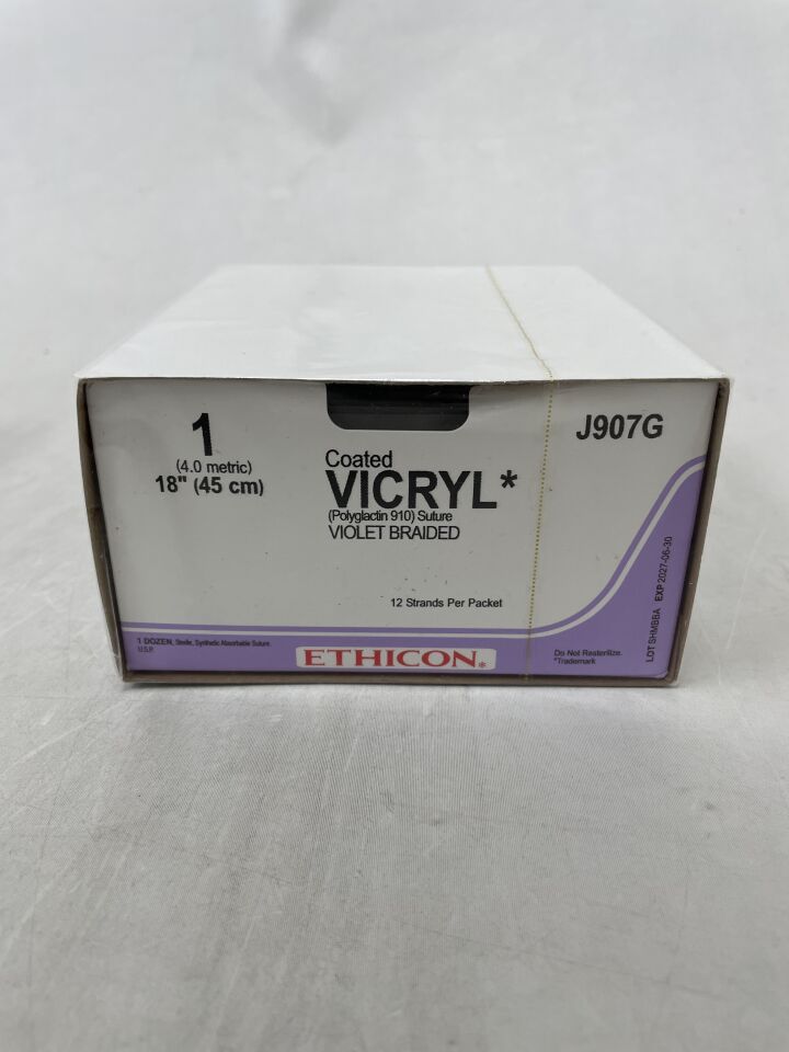J907G - ETHICON - COATED VICRYL (polyglactin 910) Suture, SUTUPAK Pre-Cut Sutures, Absorbable, Violet Braided 12-18" = 45cm, Size: 1 , ( BX/12 ) - ( Expiry Date : 2027-06-30 )