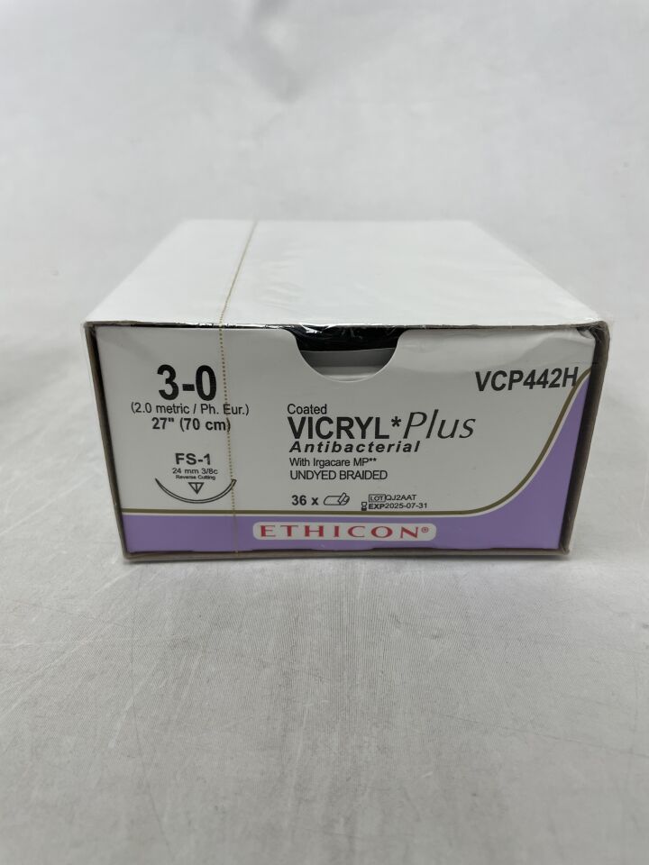 VCP442H - ETHICON - COATED VICRYL Plus Antibacterial (polyglactin 910) Suture, Reverse Cutting, Absorbable, FS-1 24mm 3/8 Circle, Undyed Braided 27" = 70cm, Size: 3-0 , ( BX/36 ) - ( Expiry Date : 2025-07-31 )