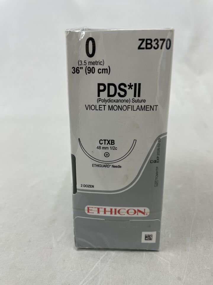 ZB370 - ETHICON - PDS II Suture, ETHIGUARD - Blunt Point, Absorbable, CTX-B 48mm ½ Circle, Violet Monofilament 36" = 90cm, Size: 0
, ( ) - ( Expiry Date : 2028-02-29 )