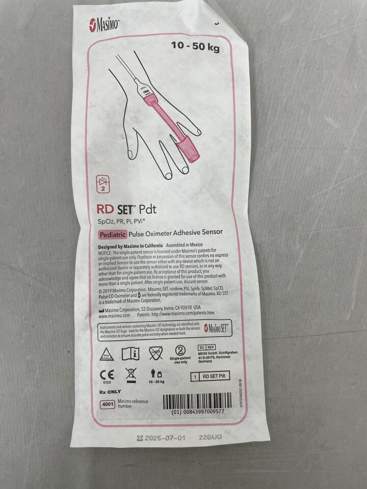 4001 - MASIMO - RD SET Pdt SpO2, PR, PI, PVI Sensor adhesivo para oxímetro de pulso pediátrico (unidad) - (Fecha de caducidad: 01/07/2025)