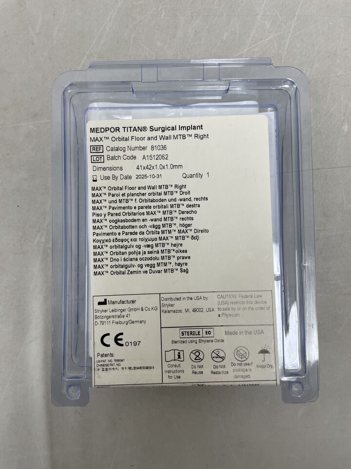 81036 - STRYKER - MEDPOR TITAN Surgical Implant, Max Orbital Floor and Wall MTB Right, 41 x 42 x 1.0 x 1.0mm , ( EA ) - ( Expiry Date : 2025-10-31 )