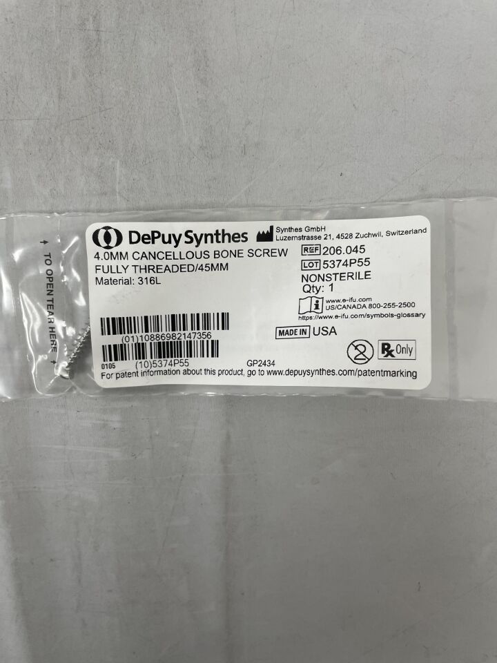 206.045 - SYNTHES - Partially Threaded Cancellous Bone Screw, 4 x 45mm, (EA) - ( Expiry Date: 2099-12-31 )