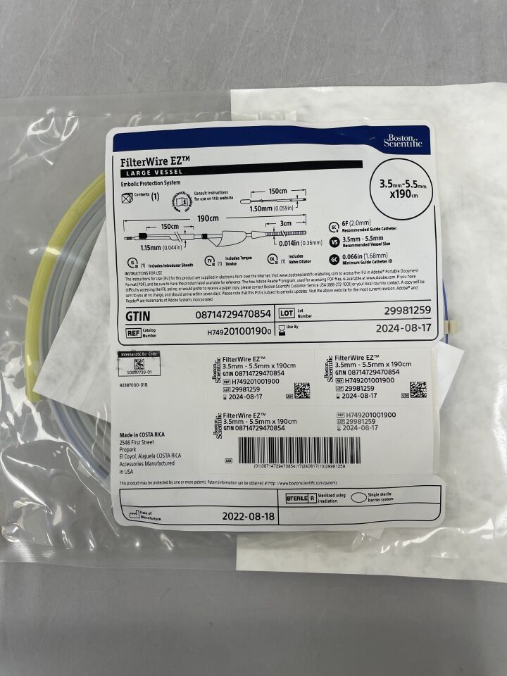 20100190 - BOSTON SCIENTIFIC - FilterWire EZ Embolic Protection System - Large Vessel - 3.5mm-5.5mm x 190cm, (EA) - ( Expiry Date: 2024-08-17 )