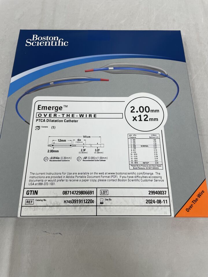 391911220 - BOSTON SCIENTIFIC - Emerge OTW PTCA Dilatation Catheter - 2.00mm x 12mm, (BX/1) - ( Expiry Date: 2024-08-11 )
