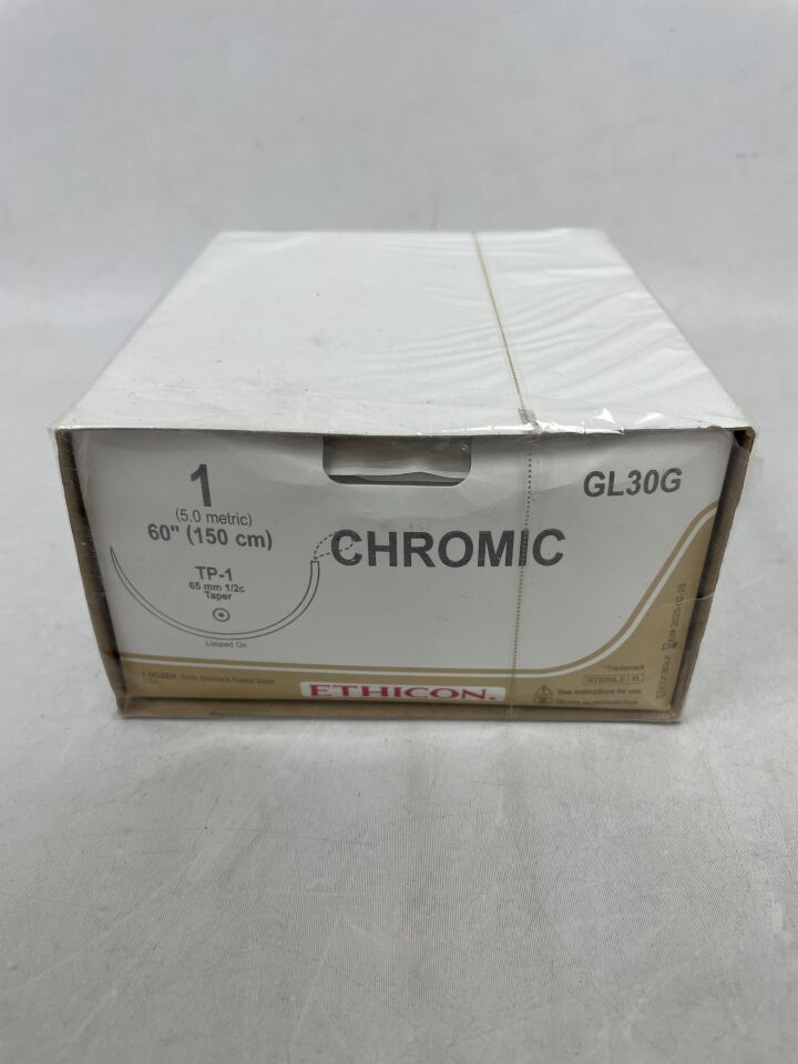 GL30G - ETHICON - Surgical Gut Suture - Chromic, Taper Point, Absorbable, TP-1 65mm ½ Circle, Chromic Monofilament 27" = 70cm, Size: 1, (BX/12) - ( Expiry Date: 2025-02-28 )