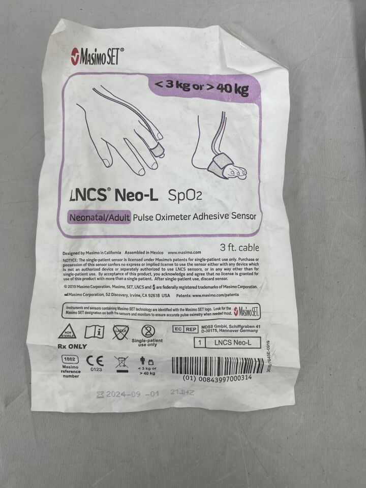 1862 - MASIMO - LNCS Neo-L Neonatal / Adult SpO2 Adhesive Sensor < 3kg or >40kg, (EA) - ( Expiry Date: 2024-09-01 )