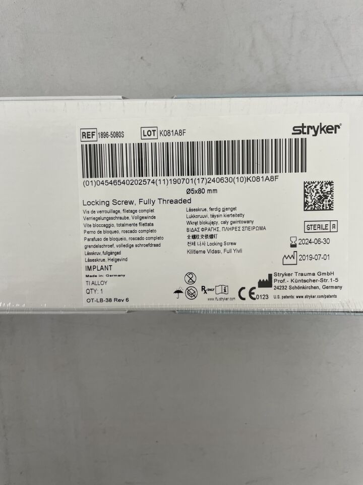 1896-5080S - STRYKER - Locking Screw, Fully Threaded 5x80mm, (BX/1) - ( Expiry Date: 2023-12-31 )