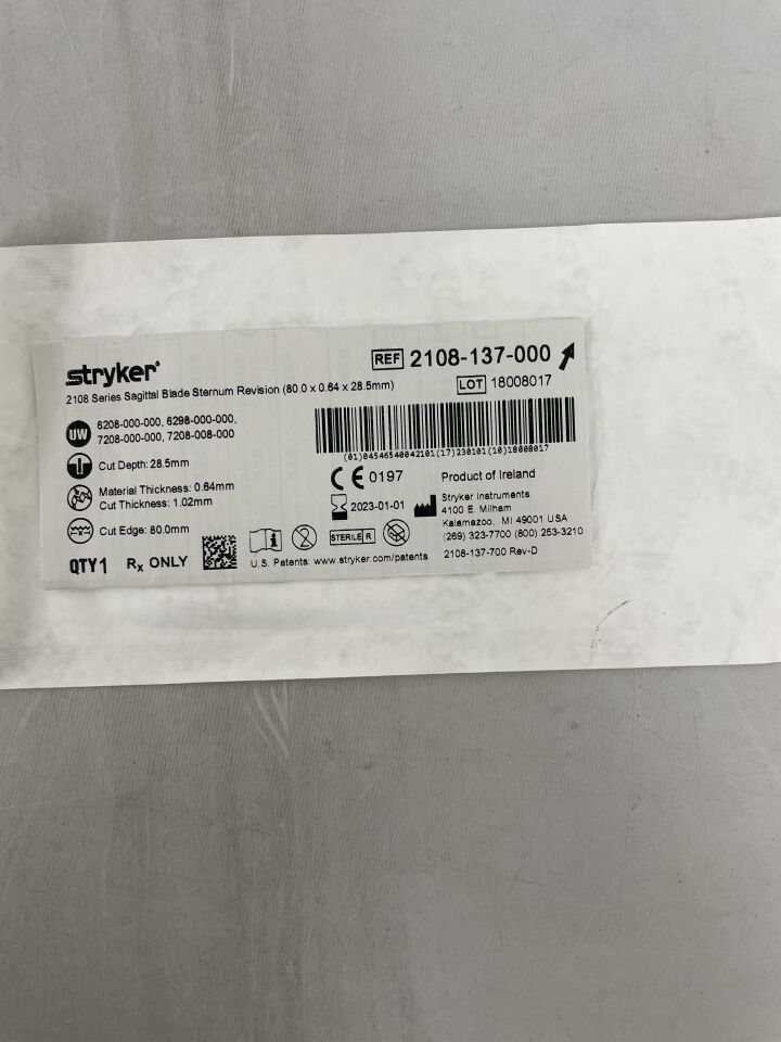 2108-137-000 - STRYKER - Standard Offset Sagittal Saw Blade, 80 L x 28.5 mm W, (EA) - ( Expiry Date: 2023-01-01 )