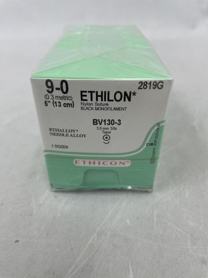 2819G - ETHICON - ETHILON 尼龍縫合線,錐形頭,不可吸收,BV130-3 3.8mm 3/8 圓,黑色單絲 5" = 13cm,規格:9-0,(盒/12)-(有效期至:2025-09-30)
