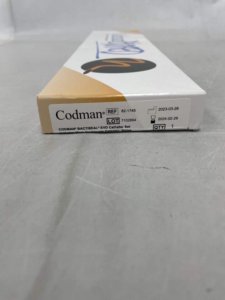 82-1745 - INTEGRA - Codman Bactiseal EVD Catheter Set - 35cm Ventricular Catheter, Stylet, Connector, Cap, Catheter Anchoring Clip and Trocar, (BX/1) - ( Expiry Date: 2024-02-29 )