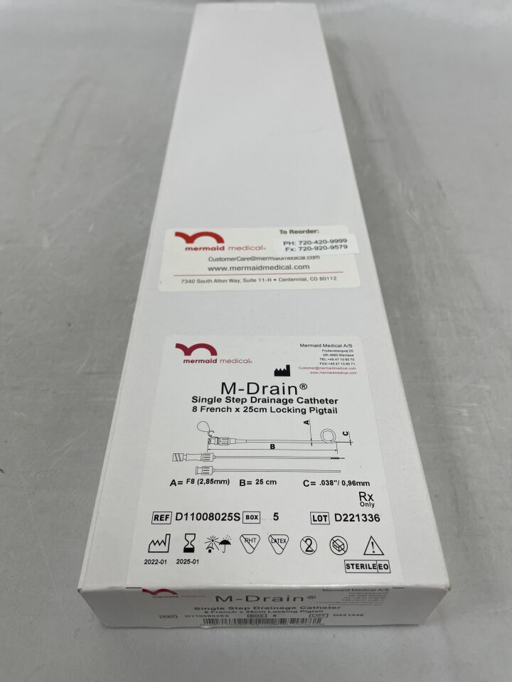 D11008025S - MERMAID MEDICAL - M-Drain Single Step Drainage Catheter 8F x 25cm Locking Pigtail , (BX/5) - ( Expiry Date: 2025-01-01 )