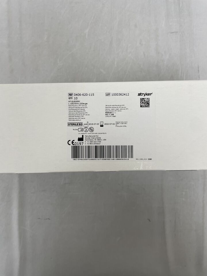 0406-620-115 - STRYKER - RF Cannula, HF-Surgery 22G x 100mm, 5mm Tip, Straight, (BX/10) - ( Expiry Date: 2022-07-02 )