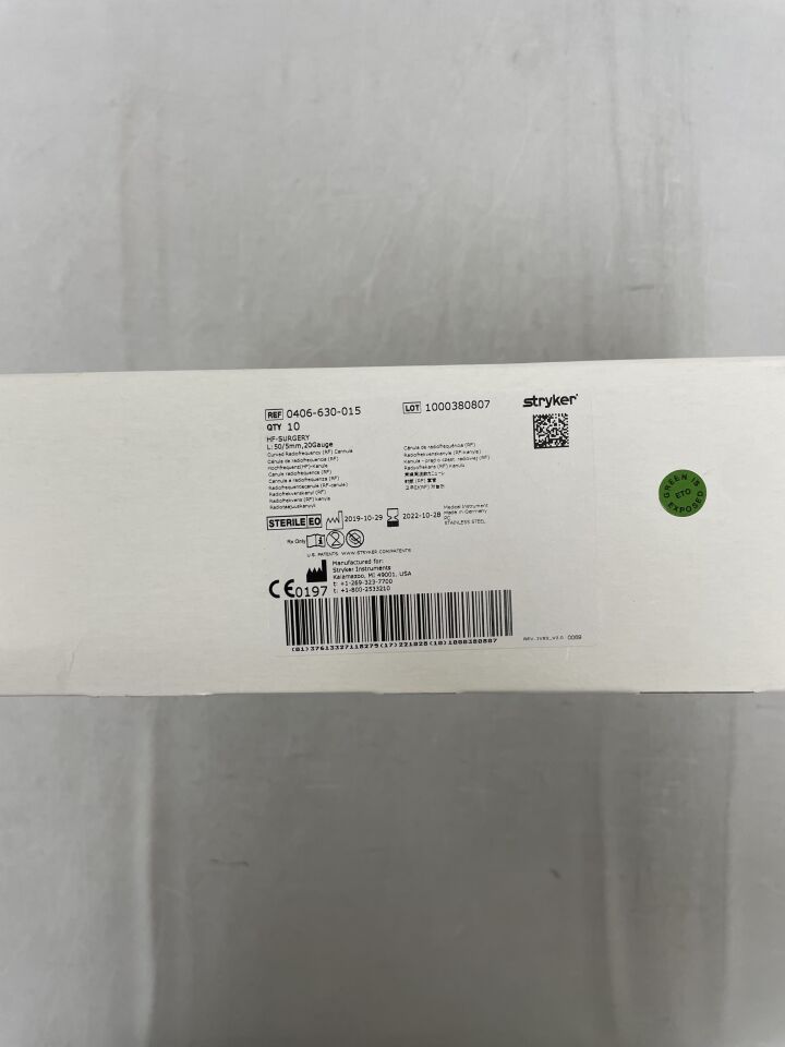 0406-630-015 - STRYKER - RF Cannula, HF-Surgery 20G x 50mm, 5mm Tip, Curved, () - ( Expiry Date: 2022-10-28 )