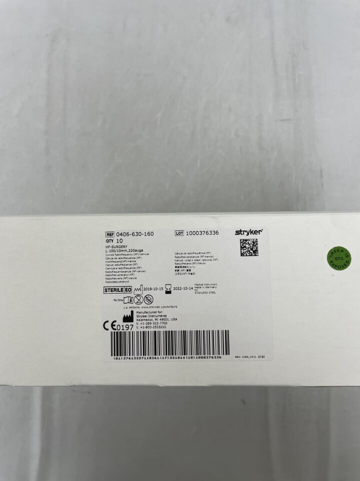 0406-630-160 - STRYKER - RF Cannula, HF-Surgery 22G x 100mm, 10mm Tip, Curved, (BX/10) - ( Expiry Date: 2022-10-14 )