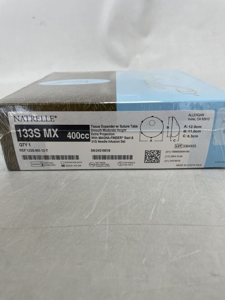133S-MX-12-T - ALLERGAN - NATRELLE Tissue Expandet with Suture Tabs, Smooth Moderate, Extra Projection with MAGNA-FINDER, 400cc, (BX/1) - ( Expiry Date: 2024-10-04 )