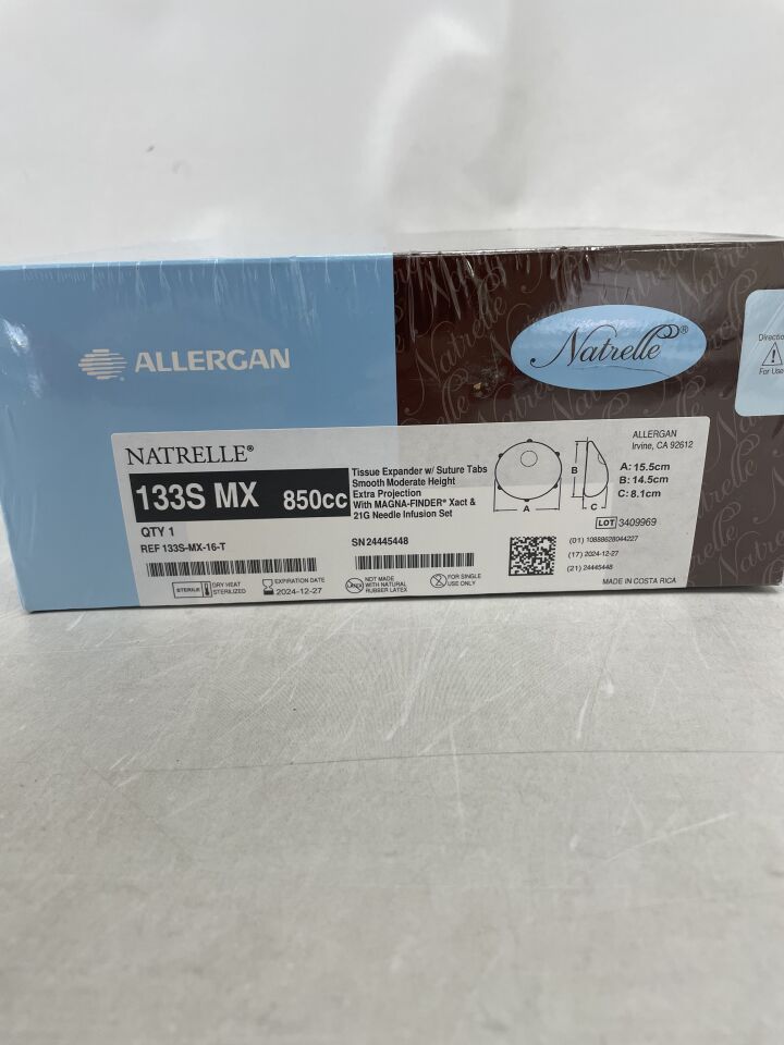 133S-MX-16-T - ALLERGAN - NATRELLE Tissue Expandet with Suture Tabs, Smooth Moderate, Extra Projection with MAGNA-FINDER, 850cc, (BX/1) - ( Expiry Date: 2024-12-27 )
