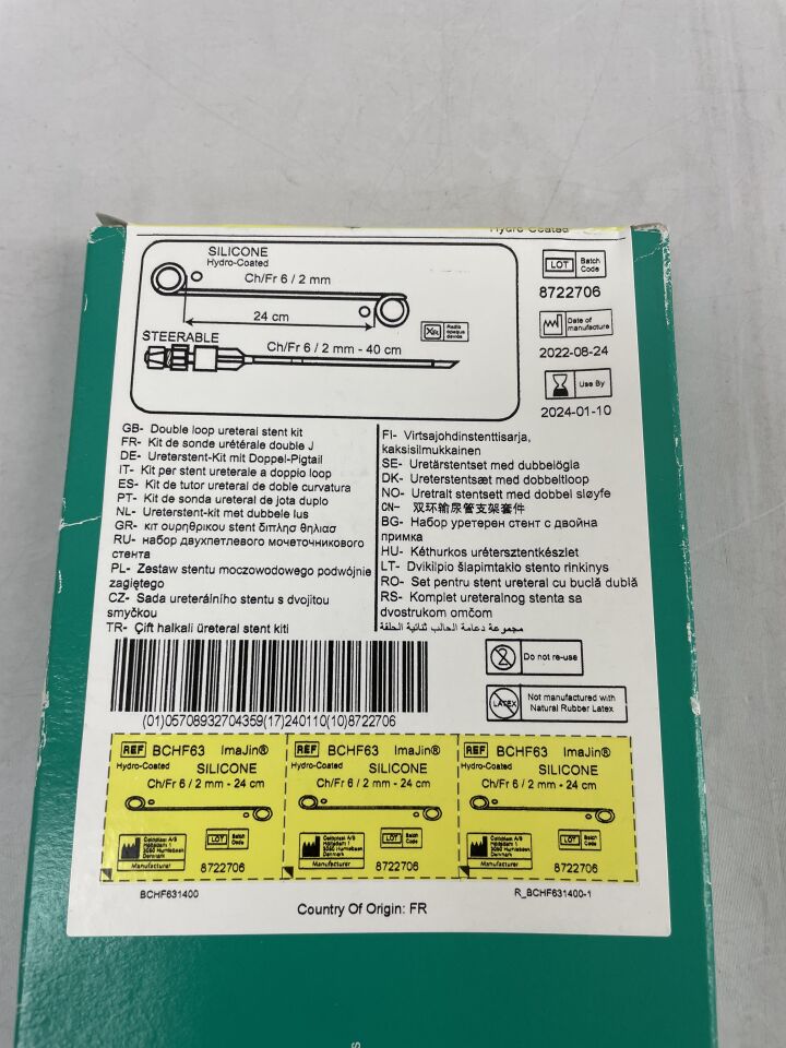 BCHF63 - COLOPLAST - ImaJin Double loop ureteral stent silicone hydro-coated open/open CH FR 06 length 24 cm with steerable pusher, (BX/1) - ( Expiry Date: 2024-07-27 )