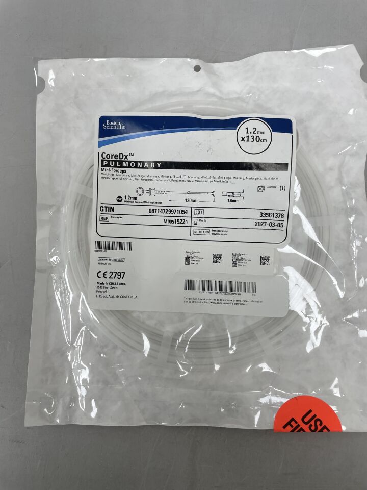 CoreDx pulmonary mini-forceps 1.2mm x 130cm sterile medical device in sealed packaging