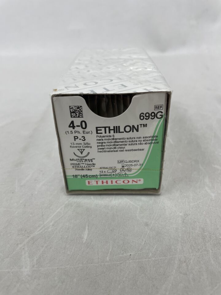 699G - ETHICON - Ethilon 不可吸收單絲尼龍縫合線,4-0 號,18 英吋長,P-3 針,(盒/12)-(有效期至:2025-07-31)