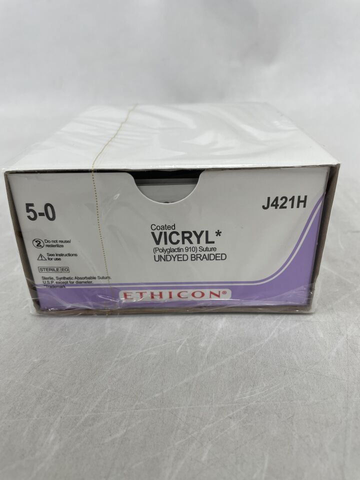 J421H - ETHICON - 塗層維克瑞爾(聚乳酸-羥基乙酸共聚物 910)縫合線,反向切割,可吸收,FS-2 19mm 3/8 圓,未染色編織 27 英寸 = 70cm,規格:5-0,(盒/36)-(有效期至:2025-07-31)