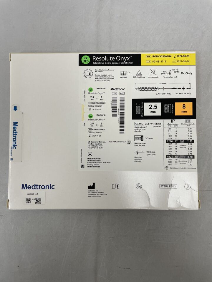 RONYX25008UX - MEDTRONIC - Resolute Onyx RX Zotarolimus-Eluting Coronary Stent System: 2.5mm x 8mm, (BX/1) - ( Expiry Date: 2024-08-23 )
