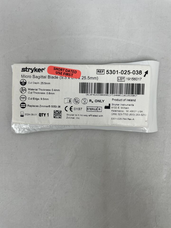 5301-025-038 - STRYKER - Micro Sagittal Blade 9.5mm x 25.5mm x 0.4mm, (EA) - ( Expiry Date: 2024-06-01 )