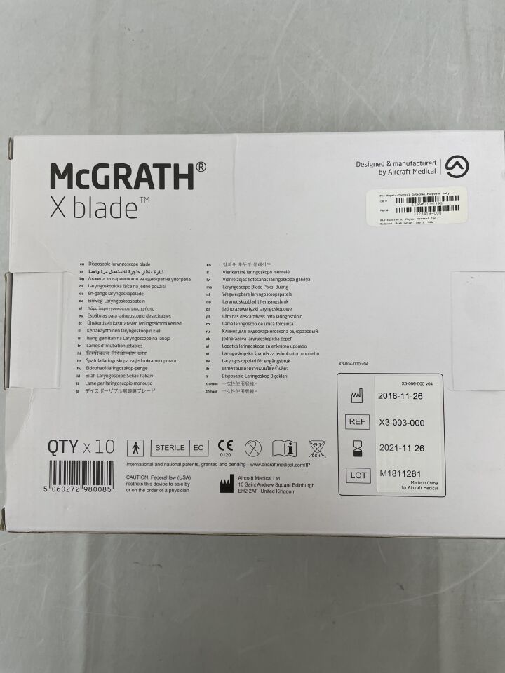 X3-003-000 - AIRCRAFT MEDICAL - McGrath X Disposable Laryngoscope Blade X3, (BX/10) - ( Expiry Date: 2021-11-26 )