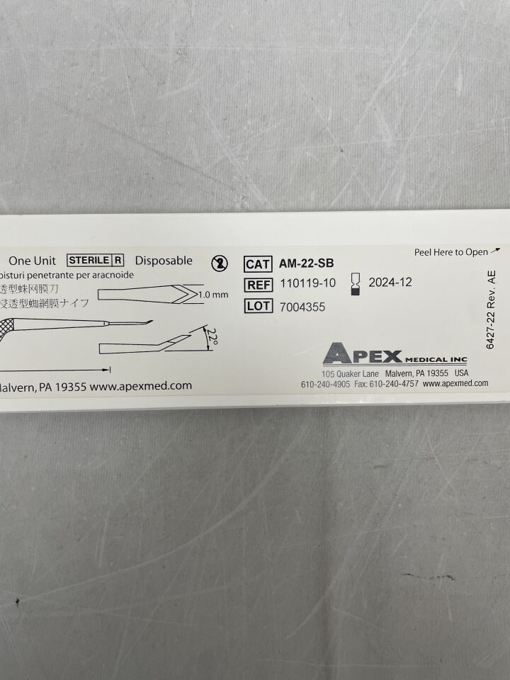 AM-22-SB - APEX MEDICAL - Penetrator Arachnoid Knife, 1mm x 17.5cm, 22 Degree, (BX/1) - ( Expiry Date: 2024-12-01 )
