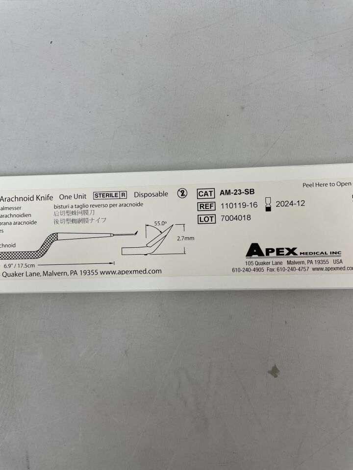 AM-23-SB - APEX MEDICAL - Backcutting Arachnoid Knife, 2.7mm x 17.5cm, 55 Degree, (BX/1)
