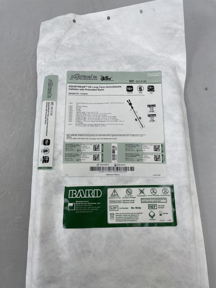 5913190 - BARD - Equistream XK, Long-Term Hemodialysis Catheter with Preloaded Stylet, 16F x 19cm, (EA) - ( Expiry Date: 2025-06-30 )
